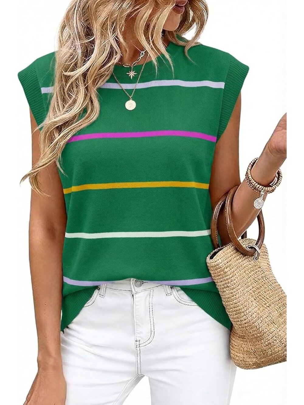 Women's Green Crew Neck Cap Sleeve Tank Tops Business Casual Outfit T Shirts